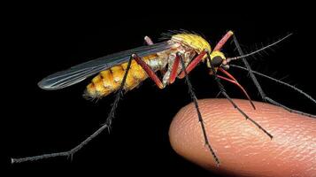 A detailed macro photograph of a colorful mosquito on a finger photo