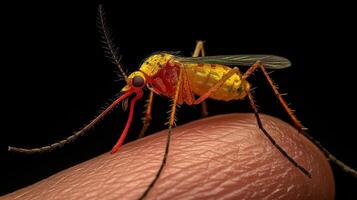 Detailed close up photograph of a mosquito perched on a finger photo