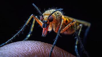 Detailed macro photograph shows a mosquito feeding on a fingertip photo