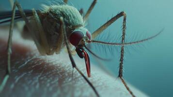 A close up view of a mosquito biting human skin photo