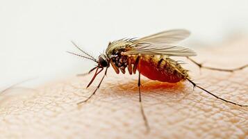 A close up photograph shows a mosquito biting human skin photo