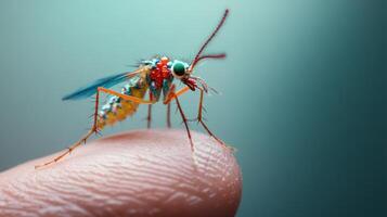 A Colorful Insect Resting on a Human Finger Very Close Up photo