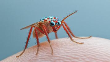 A detailed and colorful insect with large eyes on a finger photo