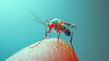 A close up photograph of a mosquito on a human finger photo