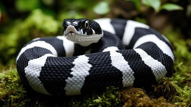 The black and white striped snake is coiled on moss photo