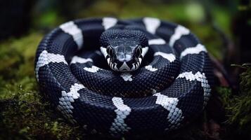 A coiled snake displays striking black and white banded patterns on its body photo