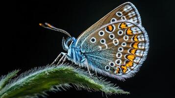 A beautiful butterfly with intricate wing patterns is resting on a leaf photo