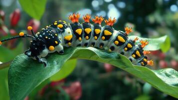A colorful caterpillar with detailed patterns resting on a green leaf photo