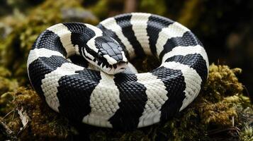 A coiled snake with striking black and white striped patterns photo