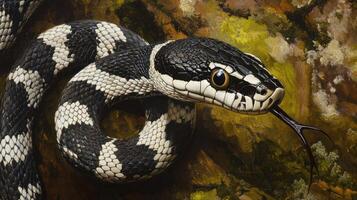 A detailed painting depicting a striking snake with patterned scales photo