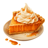 A slice of pie with whipped cream and caramel sauce png