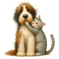 A dog and a cat hugging each other png