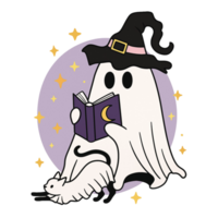 A ghost reading a book with a cat on its back png