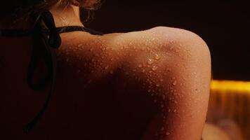 Detox In Sauna, Beautiful Blonde Woman Relaxing In Bathhouse, Closeup View Of Wet Shoulder video