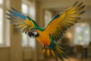 Blue and yellow macaw parrot flying indoors with wings spread wide in natural light photo