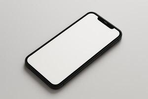 Black smartphone with blank white screen on light background. Modern mobile device mockup for app or website presentation photo