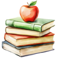Stack of colorful books with apple top, symbolizing education png