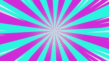 Colorful radial burst animation with cyan and magenta comic rays and halftone center. Perfect for pop art overlays, transitions, or energetic cartoon-style intros. video