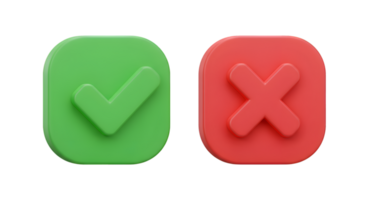 Green checkmark and red crossmark icons with rounded square bases 3D rendering png