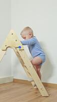 A cheerful baby climbs a sturdy wooden ramp, enhancing motor skills and confidence. This fun activity is great for parents seeking engaging experiences for their explorers video
