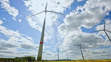 Experience the stunning beauty of wind turbines in a lush green field, showcasing sustainable energy against a dramatic sky, inspiring awe in all who witness it video