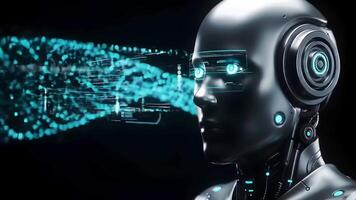 Futuristic Robot Head with Digital Elements and Technology Background video