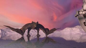 3d rendering. Medieval knight fights a fire-breathing dragon in the background of snowy mountains on a reflective surface of a frozen lake. Fantasy artwork scene. video