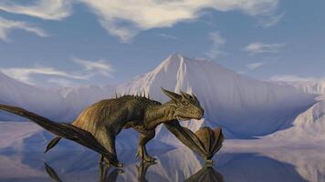 3d rendering animation. Medieval knight fights a fire-breathing dragon in the background of snowy mountains on a reflective surface of a frozen lake. Fantasy artwork scene. video