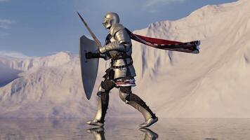 3d rendering animation. Medieval knight fights a fire-breathing dragon in the background of snowy mountains on a reflective surface of a frozen lake. Fantasy artwork. video