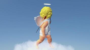Funny angel cupid with wings dancing on a cloud on blue background and shooting an arrow from a bow. 3d Background For Love. Invitation to a wedding or date video