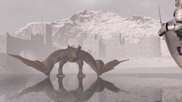 3d rendering. Medieval knight fights a fire-breathing dragon in the background of snowy mountains on a reflective surface of a frozen lake. Fantasy artwork. video
