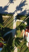 Residence with paths, palms and lawn into tourist beach. Top view video