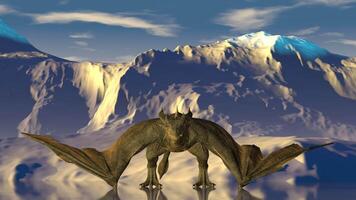 3d rendering. Medieval knight fights a fire-breathing dragon in the background of snowy mountains on a reflective surface of a frozen lake. video