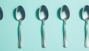 Stainless spoons cutlery for dining tools on blue background photo