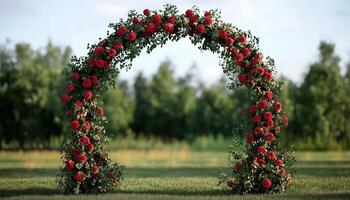 Wedding gate arch circle red rose romantic road decoration photo
