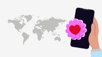 4K animation of a hand holding a smartphone with a swinging heart icon over a world map background on a clean white scene, perfect for social media or global connection themes. video