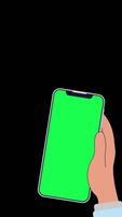 4K animation of a hand holding a smartphone with a green screen display, set against a neutral black background. Perfect for mockups, UI design, or tech demos. video