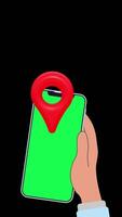 4K animation of a hand holding a smartphone with a green screen, showing a moving pinpoint marker up and down, set against a clean black background. video