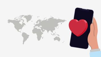 4K animation of a hand holding a smartphone with a pulsing heart icon over a world map background, set on a clean white backdrop, ideal for global digital concepts. video