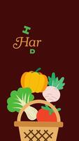 4K animation motion celebrating Happy Harvest Day with colorful crop produce dropping into a basket. Ideal for festive, nature, and farming themed educational video