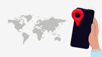 4K animation of a hand holding a smartphone with a red pinpoint icon moving up and down over a world map on a clean white background, ideal for global tech and location themes. video