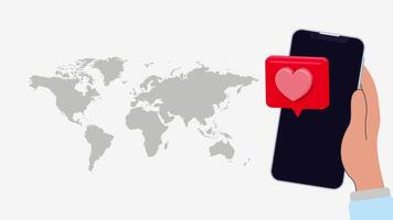 4K animation of a hand holding a smartphone with a floating heart bubble icon rising and falling over a world map on a white background, perfect for tech or global love themes. video