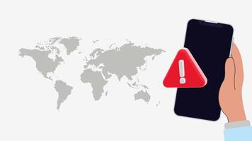 4K animation of a hand holding a smartphone with a red warning triangle icon vibrating over a world map on a neutral white background, ideal for global alert themes. video