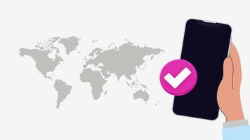 4K animation of a hand holding a smartphone with a green checklist button icon displayed over a world map on a clean white background, perfect for task or goal concepts. video
