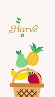 4K animation motion celebrating Happy Harvest Day with colorful crop produce dropping into a basket. Ideal for festive, nature and farming themed educational video