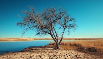 Dried trees without leaves stand in the middle of barren land and the water is starting to dry up weather photo