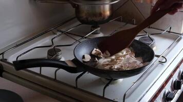 Cooking mushrooms and onions in a skillet for a flavorful dish in a home kitchen setting video