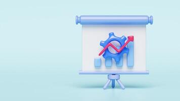 3d presentation board icon with stand gear, graph, data isolated on blue background. cartoon style. business finance analysis video