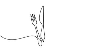 One line drawing animation of cutlery knife and fork in continuous single line style. Minimalistic restaurant logo animation. Clean linear motion, perfect for food or dining branding. video