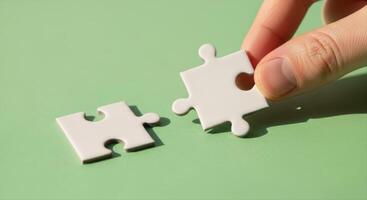 Hand holding a white jigsaw puzzle piece ready to connect on a green surface photo